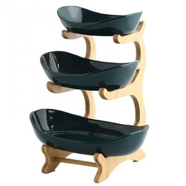 XUDREZ 3 Tier Fruit Basket for Kitchen Counter, 11"*8.6"*13" Ceramic Fruit Bowl for Kitchen Counter, Large Capacity Fruit Bowl Set with Holder, Bamboo Fruit Serving Tray (Green)