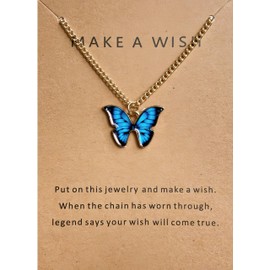 DEQIYIJI Cute Butterfly Pendant Necklace Jewelry Gifts For Women Dainty Stuff With Message Card Blue