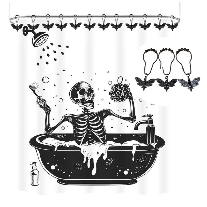 Moth Shower Curtain Hooks,12 Pcs Black Death Moth Skull Shower