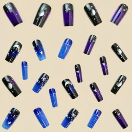 24Pcs Press On Nails Medium Coffin Fake Nails Black Blue Gradient Nails Press Ons With Star Designs Acrylic False Nails Full Cover Glue On Nails Glossy Reuseable Stick On Nails For Women