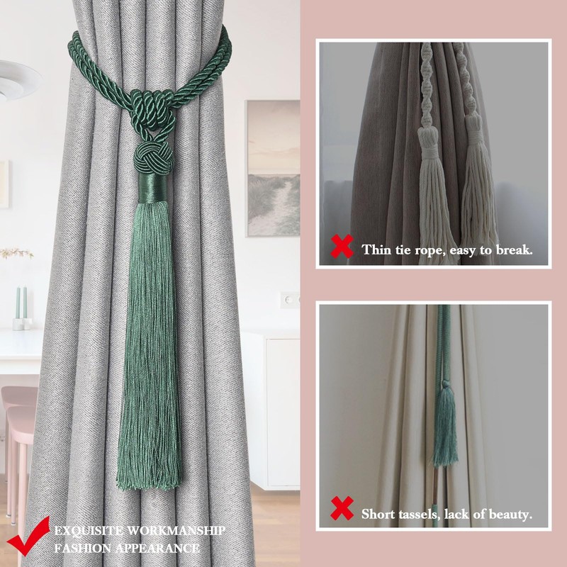NICEEC 2 Pack Long Tassel Curtain Tiebacks Handmade Braided Rope