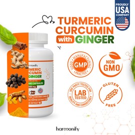 HARMONIFY Turmeric Curcumin Supplement with Ginger, Ceylon Cinnamon and Black Pepper Complex 5 in 1 Formula, Curcuma Longa, Max Absorption, 1000 mg, 120 Herbal Extract Capsules