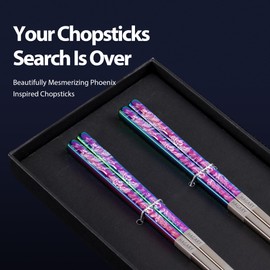 Phoenix Chopsticks Metal Reusable Designed In Korea Japanese Style Stainless Steel 316 18/10 Non-Slip Dishwasher Safe Laser Etched (Rainbow - 2 Pairs)