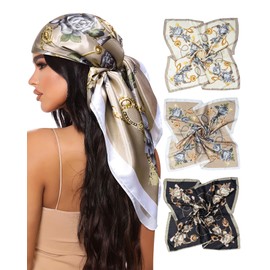 Mesovor 35” Square Head Scarf for Women, 3 Pack Like Silk Satin Headscarf Hair Neck Scarf Top Bandanas for Sleeping (Floral (Black/Camel/Beige))