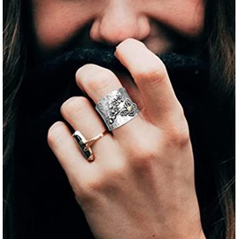 WDIYIEETN Vintage Silver Blooming Flower Butterfly Engraved Wide Band Ring for Women Retro 925 Sterling Silver Chunky Ring Vintage Thumb Index Finger Ring Boho Jewelry Gift Size 6-10 for Women Girls (9)