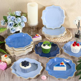Potchen 96 Pcs Dusty Blue Dessert Plates 7 Inch Gradient Blue Scalloped Disposable Party Paper Plate for Summer Wedding Birthday Baby Shower Party Supplies, 4 Colors
