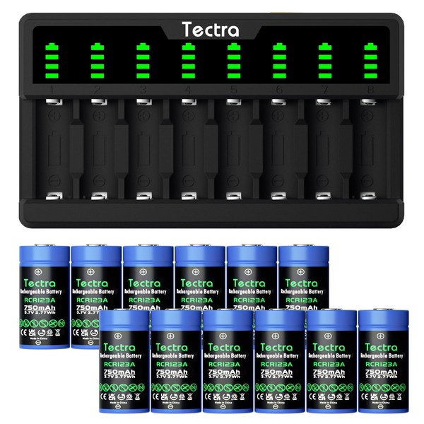 Tectra 123A Rechargeable Batteries for Arlo, 12-Pack Lithium 123A Batteries 3.7V 750mAh for Arlo Camera VMS3130 VMC3030 VMK3200 VMS3330 3430 3530, Alarm System, Flashlights, Microphone