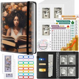 Money Saving Binder, 100 Envelopes Money Saving Challenge, Cash Envelopes Budget Binder & 3 Budgeting Planner Trackers, PU Leathers A5 Money Saving Planner Book，Girl Reading a Book