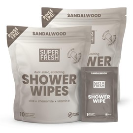Super Fresh Shower Wipes Large Sandalwood Body Wipes for No Rinse Bathing Personal Hygiene Gym Travel or Camping Enriched with Aloe and Vitamin E 20 Individually Wrapped Disposable Sheets