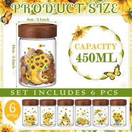 Ninehaoou 6 Pcs Sunflower Glass Food Jar with Wood Lid 15.2oz Airtight Container for Cookie Sugar Candy Flour Coffee Jar for Kitchen Countertop Home Decorations
