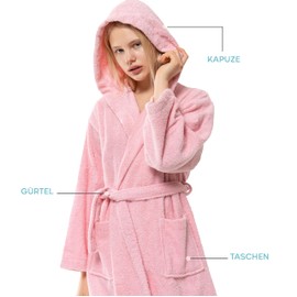 Twinzen Children's Bathrobe with Hood 100% Oeko-Tex Cotton Children's Bathrobe for Boys Terry Towelling Extra Soft and Absorbent Bathrobe Teenagers, pink