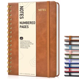 Lined Spiral Journal Notebook, A5 Hardcover Spiral Journals for Women Men, 150 Numbered Pages Spiral Bound Notebook, 100 GSM College Ruled Notebooks for Writing Note Taking 5.75" x 8.38", Brown