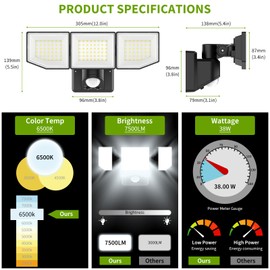 MAGAGUVU 38W 7500LM LED Security Lights Outdoor with Remote Control, 6500K Motion Sensor Flood Light, 3 Modes, IP65 Waterproof, Dusk to Dawn 3-Head Floodlight Fixture for Garage, Yard, Porch (Black)