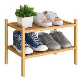 BMOSU 2-Tier Bamboo Small Shoe Rack Premium Stackable Shoe Shelf Storage Organizer for Hallway Closet Living Room Entryway Organizer(Natural)