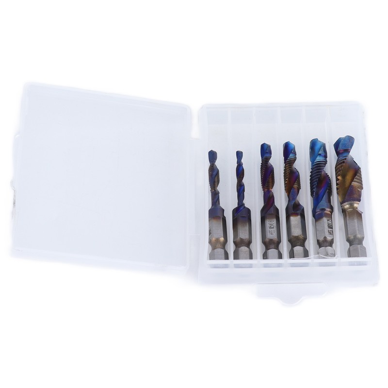 6pcs Spiral Tap Drill Bit Set Blue Plating Coating Hex