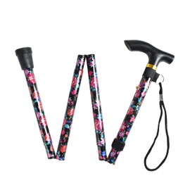 杖 折りたたみ 女性用 ステッキ 軽量 介護 つえ ゴム足 花柄 5段階調整 83-93cm (紺地赤花)