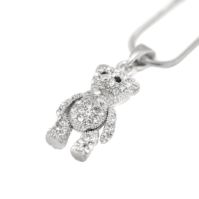 Spinningdaisy Crystals Silver Plated Movable Teddy Bear Necklace