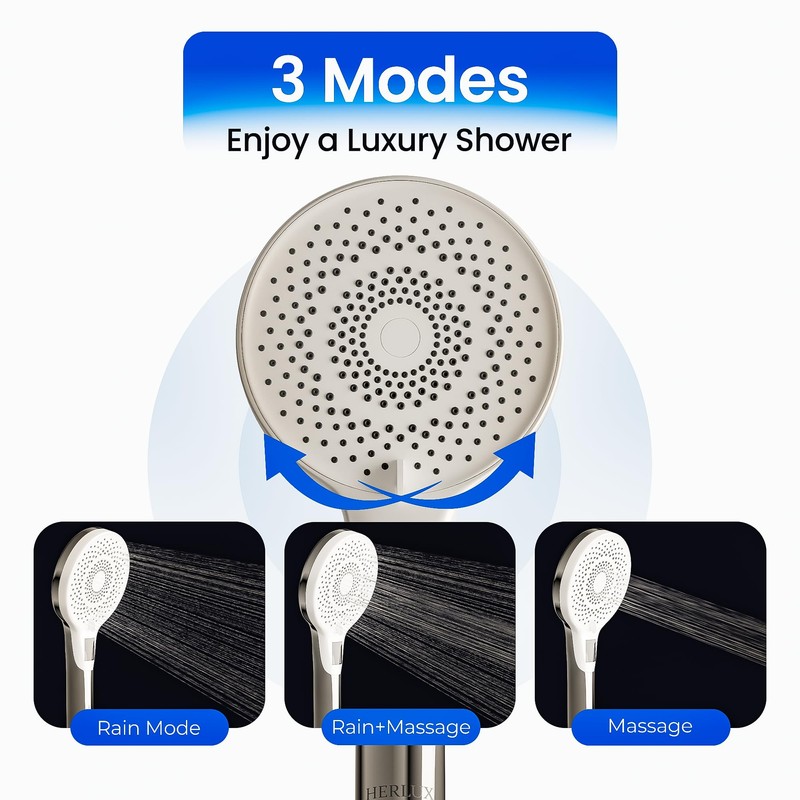 HERLUX High Pressure Shower Head- 3-mode Handheld ShowerHead- Removable &