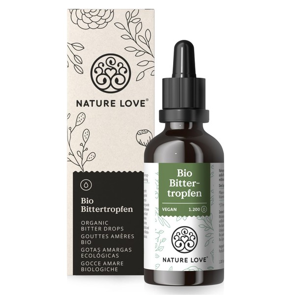 NATURE LOVE® Hildegard von Bingen Organic Bitter Drops without Alcohol (50 ml) - High Dose Bitter Drops as 5:1 Extract of Exquisite Herbs and Plants - Vegan, Laboratory Tested