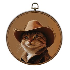 XBBMGG Western Cowboy Cat Wall Art Decor - Rustic Cowboy Cat Round Wall Hanging Decor, Funny Meowdy You Just Yee'd Circle Framed Canvas Prints for Nursery Living Room Bathroom Decorations, 10x10inch