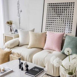 Demetex Cushion Cover 17.7 x 17.7 inches (45 x 45 cm), Set of 2, Corduroy Fashion, Nordic, Washable, Fluffy, Hidden Zipper, Stripe, Decorative Pillow Cover for Sofa (Cover Only) Cream