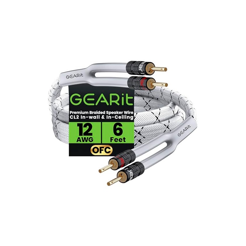 GearIT 12AWG Cable Trenzado Resistente para bocina, Blanco, 1,82m
