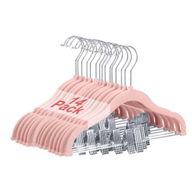 Wellong Baby Clothes Hangers with Clips, 14 Packs Kids Velvet Clothes Hangers, Heavy-Duty Childrens Hangers, Storage Organizer Clothing Hangers for Shirts, Pants, Skirts, Dresses, Jackets, Coat Pink