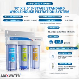 Max Water 3 Stage (Good for City Water) 10 inch Standard Water Filtration System for Whole House - Sediment + GAC + CTO Post Carbon - ¾ Inlet/Outlet - Model : WH-SC2