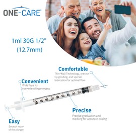 ONE-CARE Syringes 1 ml/cc, 30G x 1/2'' (12.7mm), Orange Cap, 10 pcs/bag