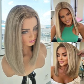 Byluxurious Highlight Ash Blonde Lace Front Wigs Human Hair Pre Plucked Pre Cut Ombre Balayage Brown Straight Soft Short Bob 13x4 UHD Lace Real Human Hair Wig For Women 14Inch 180% Density