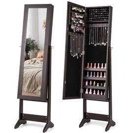 Giantex Jewelry Cabinet with Full-Length Mirror, Standing Jewelry Armoire Organizer with 64 Earring Slots, 20 Necklace Hooks, 72 Ring Slots, 4 Storage Shelves, 3 Angle Adjustable, Espresso