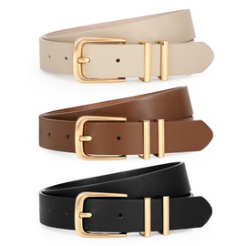 LEACOOLKEY - Paquete de 3 cinturones de piel para mujer, para jeans, vestidos de moda, color dorado y plateado, A-black+coffee+beige, XXL:Fits waist size 46"-50"