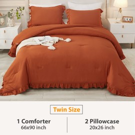 Andency Burnt Orange Twin Size Comforter Set, 2 Pieces Terracotta Ruffle Shabby Chic Bedding Comforters & Sets for Kids Grils, All Season Soft Lightweight Down Alternative Bed Blanket Set
