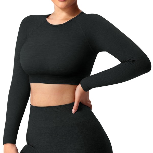YEOREO Seamless Long Sleeve Crop Gym Shirts for Women Workout Yoga Tops (#0 Black,Small)