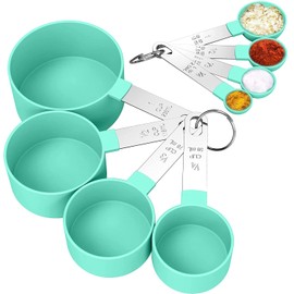 Set de tazas medidoras de acero inoxidable Cucharas medidoras Herramientas de repostería Mango de acero inoxidable (verde con caja de colores) [4 tazas medidoras 4 cucharas de repostería