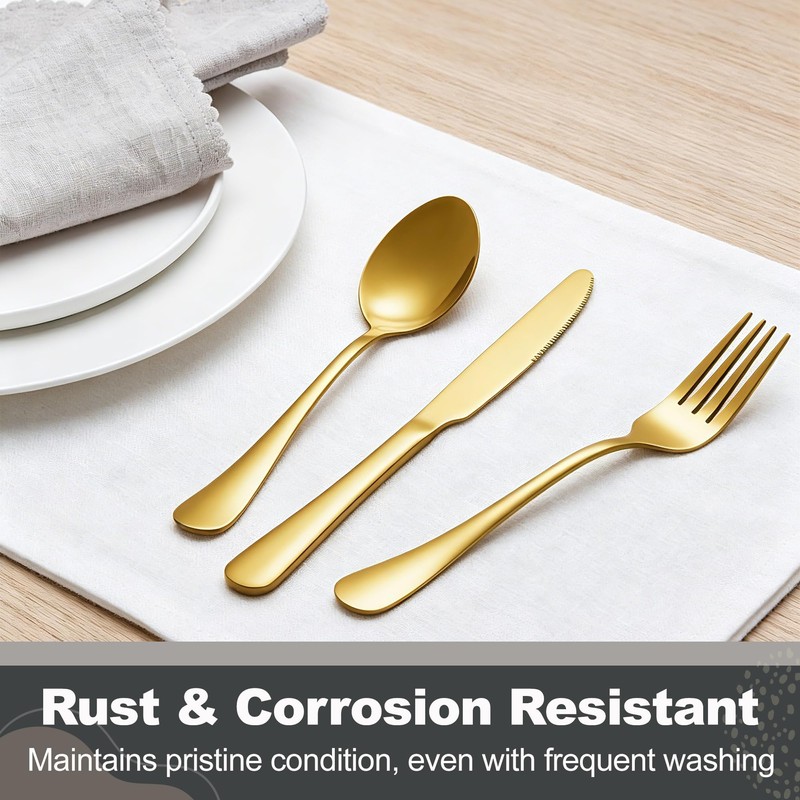 Runfly 40-Piece Gold Flatware Set, Stainless Steel Cutlery Set for