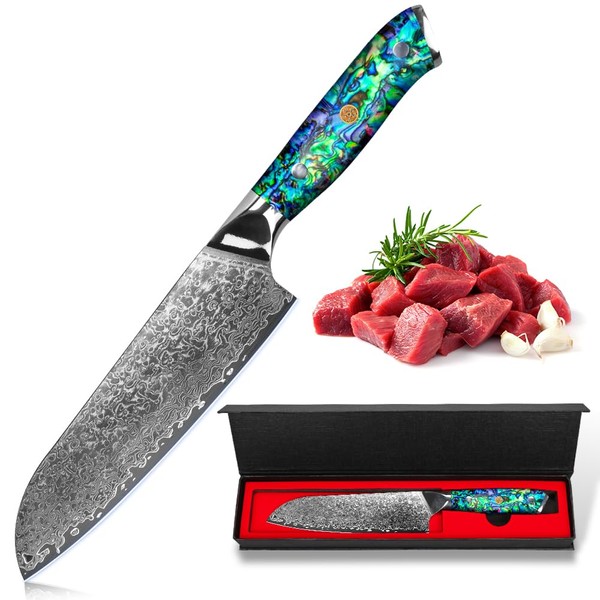 BILLION DUO Damascus Knife Santoku Knife 67 Layers Damascus Steel Chef's Knife, Blade Length 18 cm, Professional Chef's Knife Damask Kitchen Knife with Resin Handle with Mother of Pearl Plates