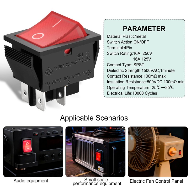 Heschen Rocker Switch ON-Off DPST 4 Terminals Red Light 16A