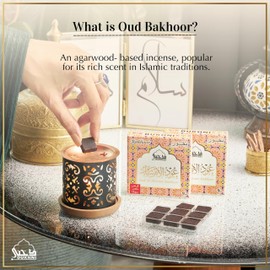 Oud Al Ibtisam Bakhoor Set by Dukhni | 2 x 9 Piece Each & Taj Bakhoor Burner | Arabic Bakhoor Incense | Warm Floral Oud Blend | Perfect for Prayer Time | to Relax & Meditate | Ramadan & Eid Gift