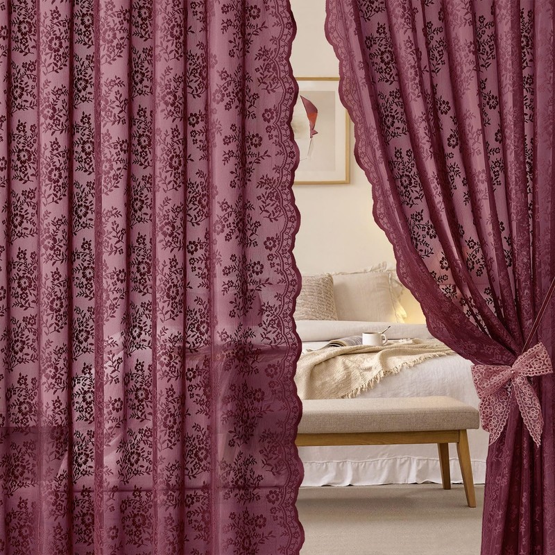 2 Panels Christmas Vintage Lace Curtains 52 x 63 Inch