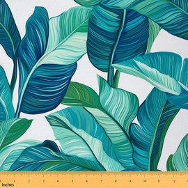 Feelyou Tropical Outdoor Fabric by The Yard, Summer Palm Leaf Upholstery Fabric for Chairs, Green Botanical Branch Decorative Fabric for Home DIY Projects, 1 Yard, Teal Blue