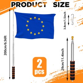 2 x 2 m Telescopic Stainless Steel Flag Pole Portable Extendable Flag Pole and 10 x Flag Pole Hooks for Course Room Tour Guide Flag Banner