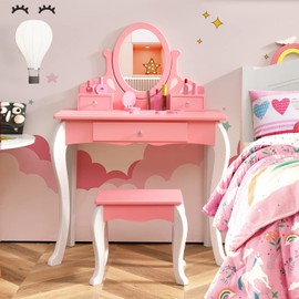 Olakids Kids Vanity Set, 2 in 1 Wooden Princess Makeup Table and Chair Set with 360° Rotating Mirror Detachable Top Storage Drawer, Girls Pretend Beauty Dressing Play Toy Gift (Pink)
