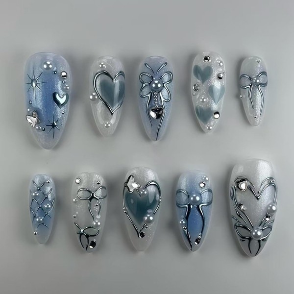 Blue Press on Nails Medium Almond Fake Nails with 3D