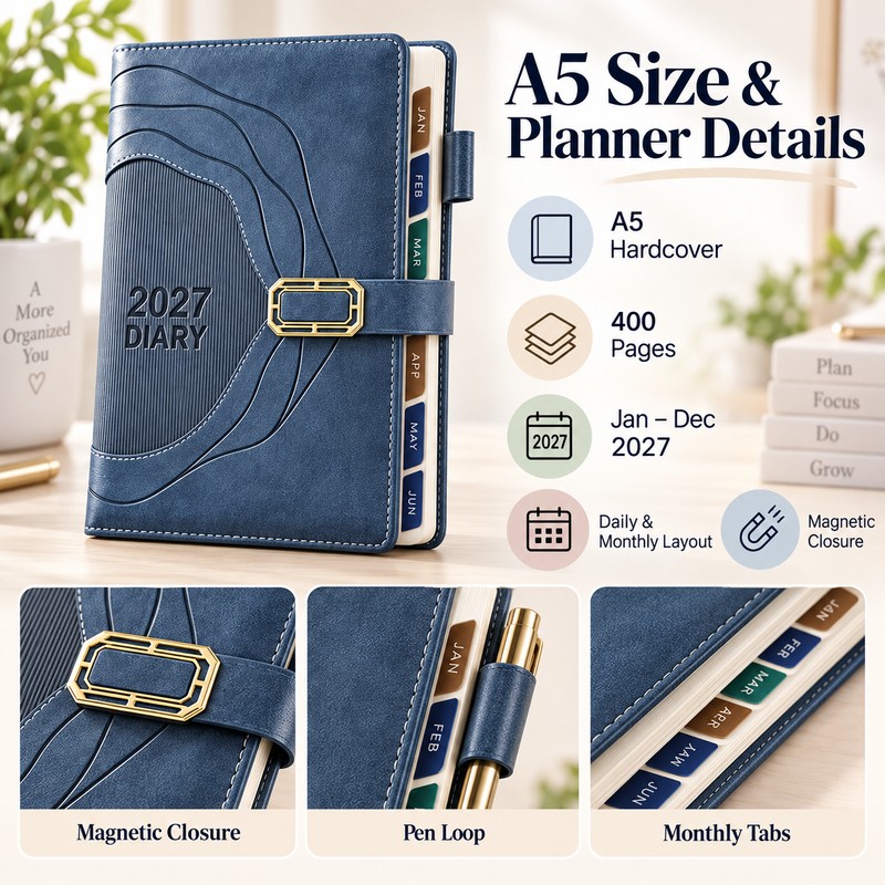 2027 A5 Daily & Monthly Planner – 400-Page Hardcover Organizer