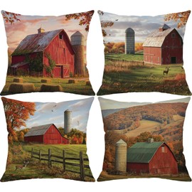 Qinqingo Farmhouse Fall Throw Pillow Covers 18x18 Set of 4, Double-Sided White Linen Cushion Covers with Rustic Red Barn and Silo Design Pillowcases for Couch Sofa Home Decor