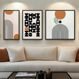 Framed Orange Abstract Wall Art for Living Room, Boho 3 Piece Large Black and White Geometric Canvas Painting Prints, Minimalist Botanical Sun Artworks for Bedroom Hallway Office Wall Decor