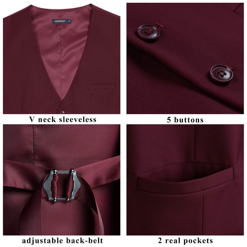 HISDERN Men's Formal Party Wedding Business Cotton Waistcoat Solid Color