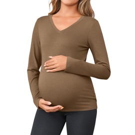 Yousify Womens Maternity Tops V Neck Long Sleeve Fitted Tunic Shirts Casual Basic Tees Mama Pregnancy Clothes Khaki