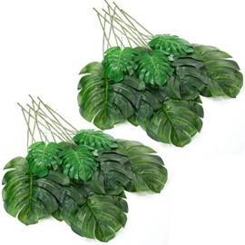 Zeyune 24 Pcs Artificial Palm Leaves with Stems Faux Turtle Leaf UV Resistant Tropical Plants Green Large Fake Dried Monstera Leaf Faux Palm Fronds for Outdoor Kitchen Indoor Wedding